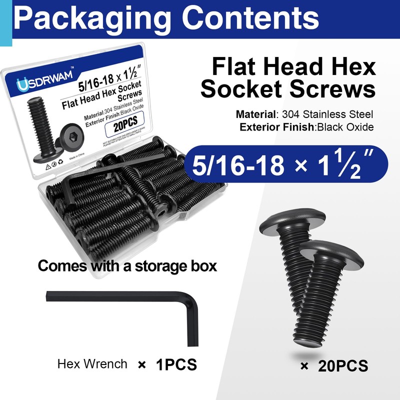 20 Pcs 5/16"-18 x 1-1/2" Flat Head Socket Cap Screws