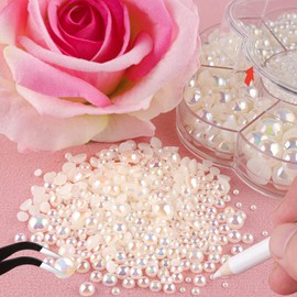 Nail Art Flat Back Half Round Pearl Kits 2, 1 Box of 6000 Pcs Flat-Back Beige AB Pearl with Tweezer and Picker Pencil for Home DIY Nails Body Face Craft and Salon Use
