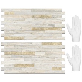 STICKGOO 20 Sheets Peel and Stick Backsplash Tile, Stick on Backsplash for Kitchen and Bathroom, Sunny Beige Look PVC Mixed Metal Gold Self Adhesive Wall Tiles