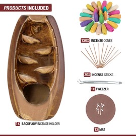 Anbar Backflow Incense Burner with 120 Cones, 30 Sticks, Tongs, and Table Mat, Natural Aromatherapy with Ceramic Smoke Waterfall, Supports Meditation and Relaxation, Home Decor (Brown)