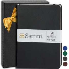 SETTINI Lined Journal Notebook - A5, 192 Thick 120 GSM QuillEase Pages, Vegan Leather Hardcover with Elastic Closure, Lay-Flat Design, Pen Loop & Back Pocket, Gift Boxed for Men & Women - Onyx Black