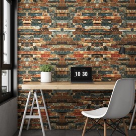 LACHEERY Vintage Brick Wallpaper Peel and Stick 3D Textured Brown Blue Stone Wallpaper Removable Self Adhesive Brick Contact Paper for Walls Kitchen Fireplace Heat Resistant Waterproof Roll 15.8"x80"