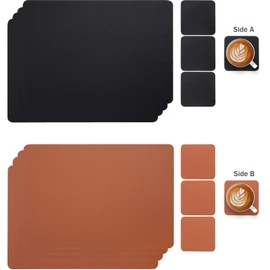 Myir JUN Leather Table Mats and Coasters, Dual-Sided Leather Placemats and Coasters Waterproof Placemats Place Mats Non-Slip Washable Table Mats (Black Brown, Set of 4)