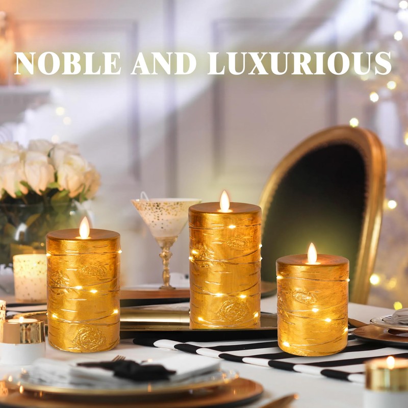 Da by Gold Flameless Candle, Battery-Powered Candle with Recessed String