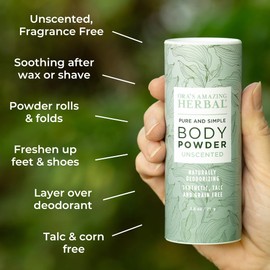 Fragrance Free Body Powder for Women and Men, Unscented Talc Free Talcum Powder, Cornstarch Free Dusting, Waxing, Natural Sugaring, Foot Powder, Dry Shampoo, Made in USA, Ora’s Amazing Herbal, 2.5 oz