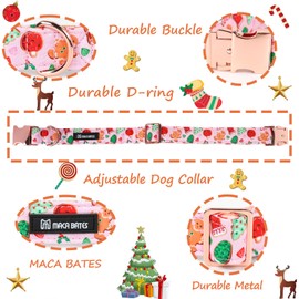 Maca Bates Pink Christmas Dog Collar Gift for Dogs Cotton Cute Soft Adjustable Puppy Collars Winter Holiday Vacation Pet Collat for Small Medium Large Girl Boy Female Male with Metal Buckle