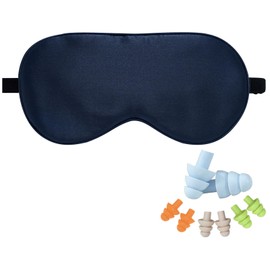 LaCourse 100% Organic Silk Sleep Mask for Sleeping with 4 Pairs Earplugs & Travel Bag. Both Sides Made of 19 Momme Silk, Adjustable Eye Mask, Sleep Mask Silk for Women & Men, Blue