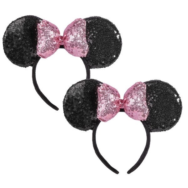 CHuangQi Mouse Ears Shiny Headbands 3D Bow (Pack of 2), Double-sided Sequins Hair Band for Birthday Party/Holiday Dress Up/Amusement Park (Pink Bow Black Ear)