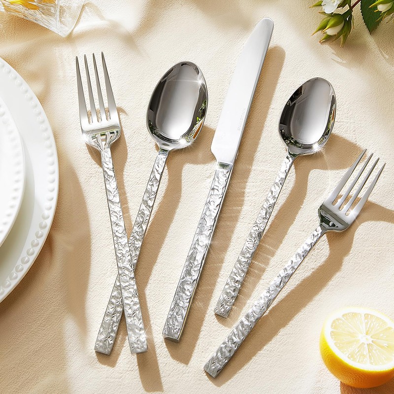 KINGSTONE 20 Pcs Hammered Silverware Set for 4, 18/10 Stainless
