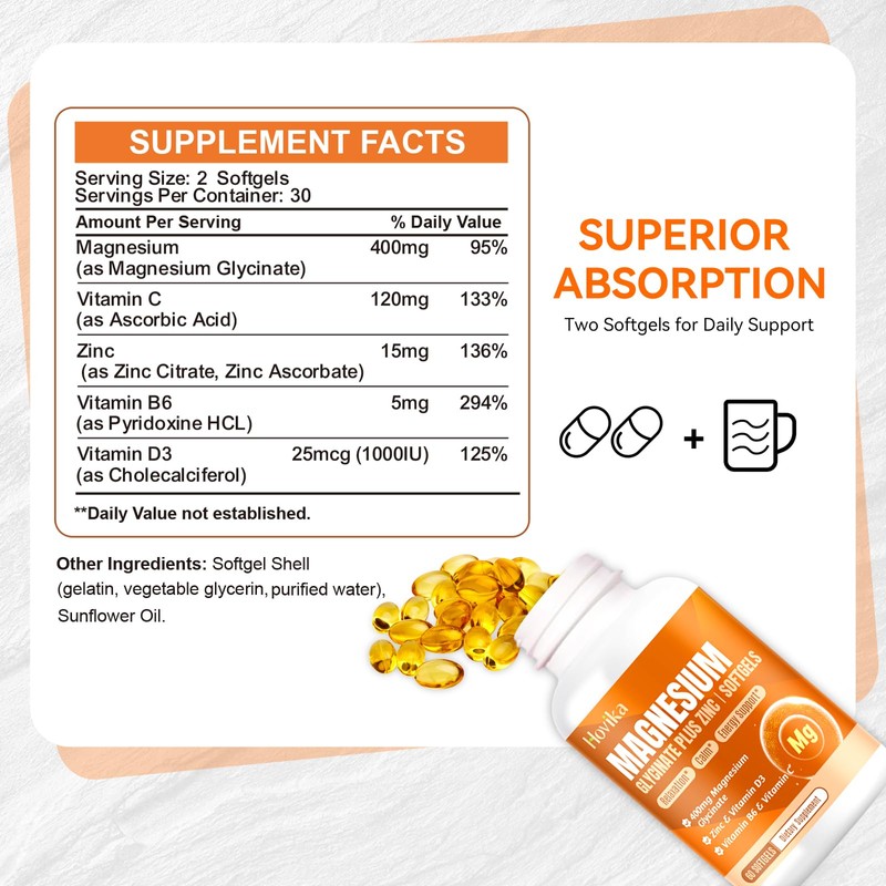 Magnesium Glycinate Supplement Softgels, Magnesium Glycinate 400mg with Zinc, Vitamin