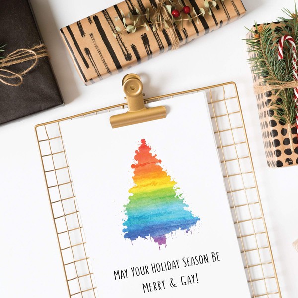 Sincerely, Not LGBTQ Funny Christmas Card - May Your Holiday Season Be Merry and Gay - Colorful Rainbow Xmas Tree Cards for Men and Women - 5"x7" Blank Inside with Envelope (PACK OF 2)