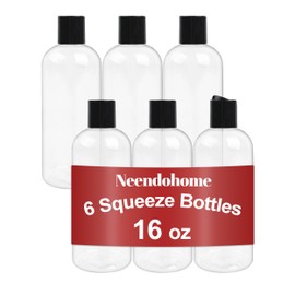 Neendohome 16 oz BPA Free Plastic Suqeeze Bottles with Black Disc Caps Refillable Travel Containers for Toiletries Shampoo conditioner Lotions Liquid Soap Shower Gel (6Pack, Clear)