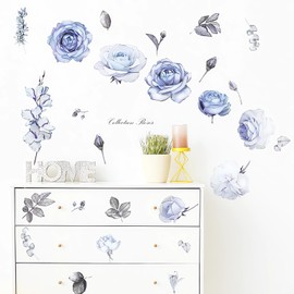 Light Blue Peonies Flower Large Wall Stickers, sacinora DIY Peony Rose Floral Art Wall Decals Removable Vinyl Peel and Stick for Living Room Bedroom Nursery Sofa TV Background Decorations