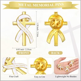 Misdary 50 Pcs Funeral Favors for Guests Funeral Memorial Pin Cross Ribbons Forever in Our Hearts Lapel Brooch Pin for Religious Christian Celebration of Life Mourning Remembrance Day(White)