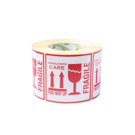 OliveBird 500 x Fragile This Way Up. Handle With Care Labels Large 10 x 10 cm White/Red - Pack of 500