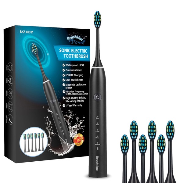 BRUSHKINZ Sonic Electric Toothbrush Black - 5 Modes with Smart
