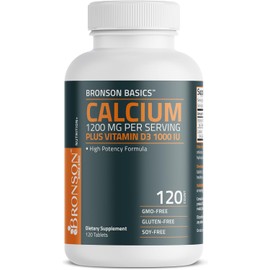 Bronson Calcium 1200mg Per Serving Plus Vitamin D3 1000 IU High Potency Formula, Non-GMO, 120 Tablets
