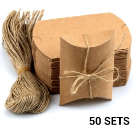 Kraft Paper Pillow Gift Box 50Pcs Christmas Small Pillow Gift Boxes with Twine for Jewelry Candy Party Favor