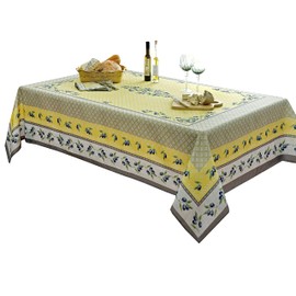 Home Bargains Plus Rectangle Fabric Tablecloth, 60 x 102 Inch, Olivier Yellow and Grey Olive Print, Stain and Water Resistant Fabric Table Cloth, Provence French Country