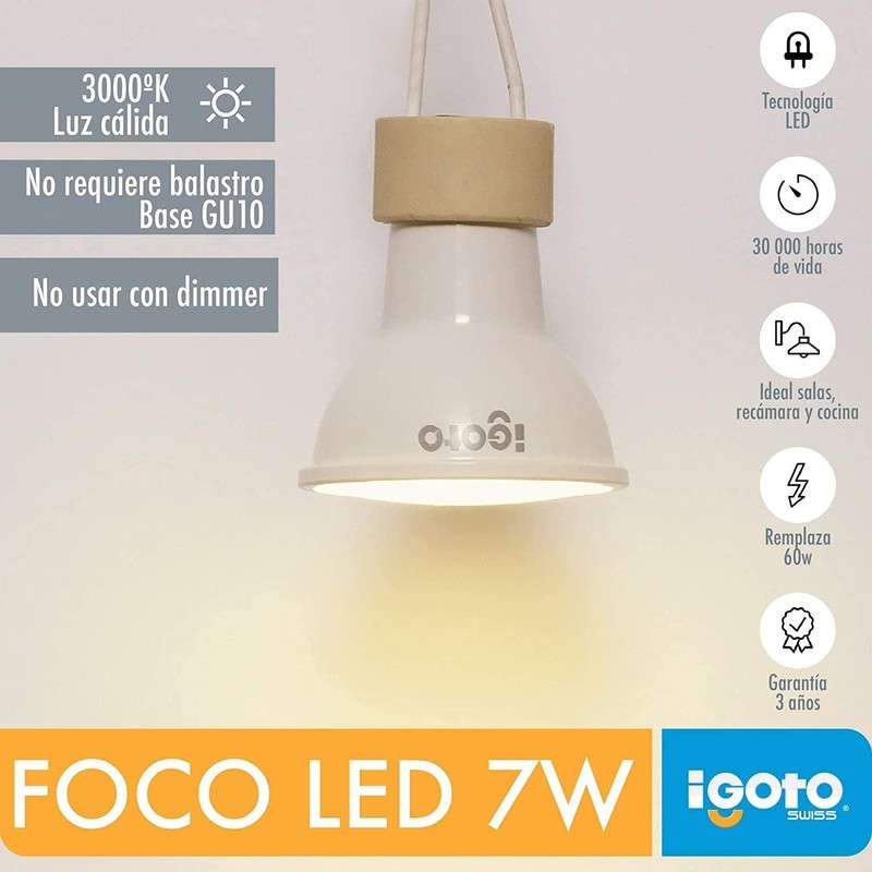 iGoto F10P20307 10Pack Foco LED GU10 7W 3000°K (luz cálida)