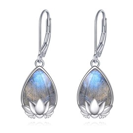 AXELUNA Labradorite Lotus Earrings for Women 925 Sterling Silver, Lotus Flower Labradorite Teardrop Dangle Earrings Gifts for Mother, Sister, Grandmother, Wife, Sterling Silver