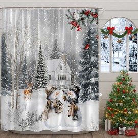 GCTNBJL Christmas Shower Curtain Winter Forest Snowman Deer Pine Tree Snowflake Gray Bathroom Home Curtain with Hooks,70x70 Inch