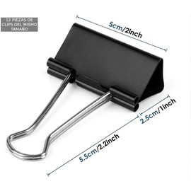 12pz Clips para Carpeta Grande 5 * 8cm Negros Clips para Hojas Pinzas Sujeta Documentos Sujetapapeles de Oficina