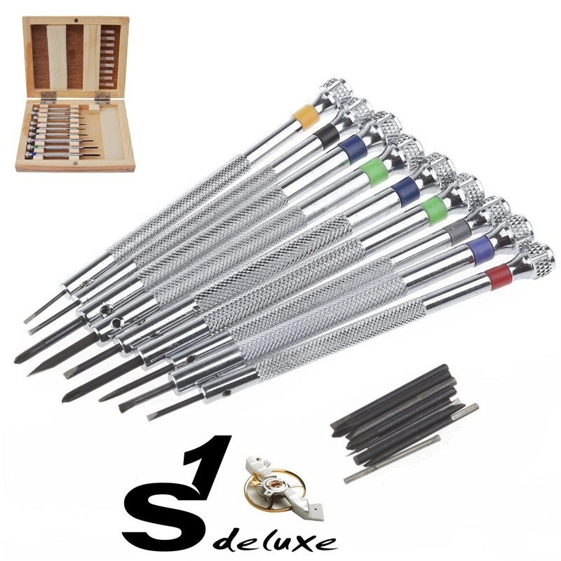 9 Watchmaker's Screwdrivers in Real Wooden Box S1 Deluxe Star