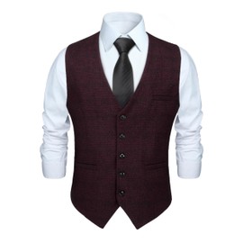 HISDERN Burgundy Waistcoats for Men Formal Plaid Waistcoat Casual Wedding Classic Check Suit Vest with Pockets XL