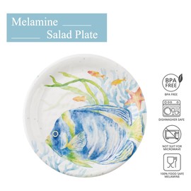 UPware Sea Life Serenade Fish Melamine Salad Plate Set, Round Plates for Risotto, Pasta, and Salad, BPA-Free, Dishwasher Safe, Blue, 9 Inch, Set of 6