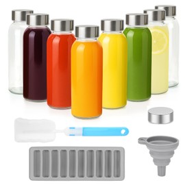 Zukro Glass Water Bottles with Lids 10.5 oz, 8 Pack Reusable Clear Glass Small Juice Bottles With Stainless Steel Cap for Juicing, Milk, Ginger Shot, BPA Free Leak Proof 300ml Drinking Jar