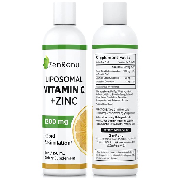 Zenrenu Liposomal Vitamin C and Zinc Liquid Drink for Adults & Kids - Non GMO Sunflower Lecithin - Max Antioxidant & Immune Support, 5 oz / 150 ml