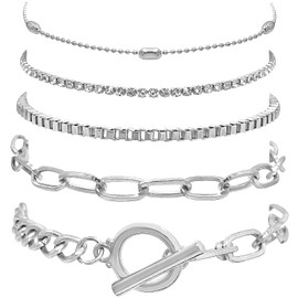 Chamqueen Adjustable Alloy Chain Bracelet Set Fashion Jewelry Gift for Women Girls Circle Silver