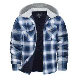 Cotrasen Men's Cotton Plaid Shirts Jacket Lined Flannel Shirts Button DownJackets with Hoodies for Men Winter Coats with 5 Pockets Blue White L