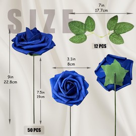 LCiclly 50pcs Artificial Flowers Foam Fake Rose with Stems 12 Leaves Real Looking Faux Roses for Wedding Bouquets Bridal Shower Centerpieces Arrangements Party Tables Decorations DIY (50, Royal Blue)