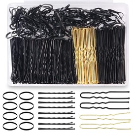 Aucuu 300 pcs Bobby Pins Kit, 100 Middle Waved Hair Pins, 50 Black U Shaped Hair Pins, 50 Gold U Shaped H-air P-ins, 100 Black Elastic Bands, with Storage Box, for All H-air Types