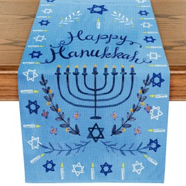 WRAPAHOLIC Hanukkah Table Runner - 13 x 72 Inch - Jewish Festival Holiday Party Kitchen Dining Home Decoration for Indoor Outdoor Home Party - Chanukah Menorah & Olive Branch