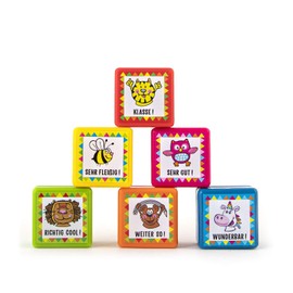 TRENDHAUS 601438 Self-Inking Teacher Stamps, 6 Colourful Motivational Stamps with Animal Motifs - 3 cm x 3 cm x 2 cm, Colourful