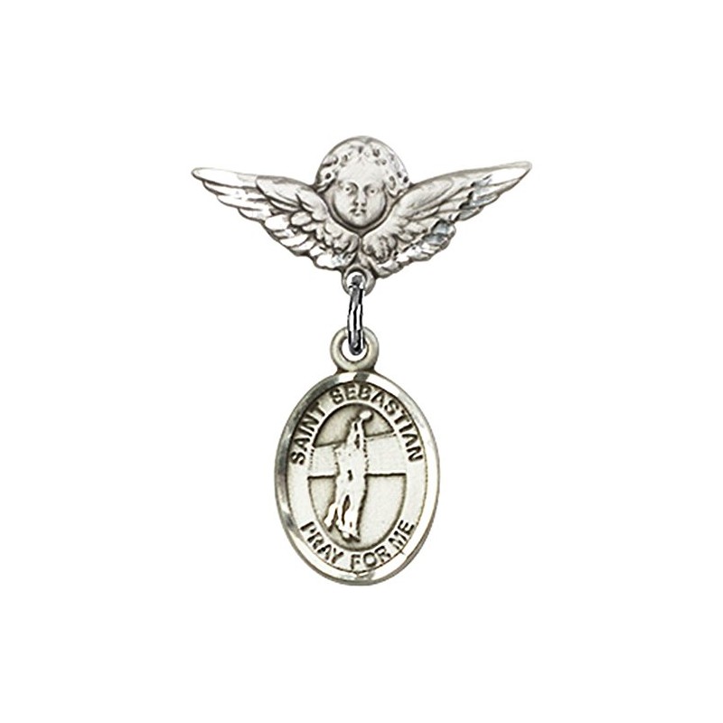 Sterling Silver Baby Badge with St. Sebastian/Volleyball Charm and Angel