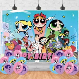 Girls of Powerpuff Birthday Party Backdrop Photo Background Cartoon Girls of Powerpuff Birthday Party Decorations Banner Cartoon Girl Theme Photography Backdrop