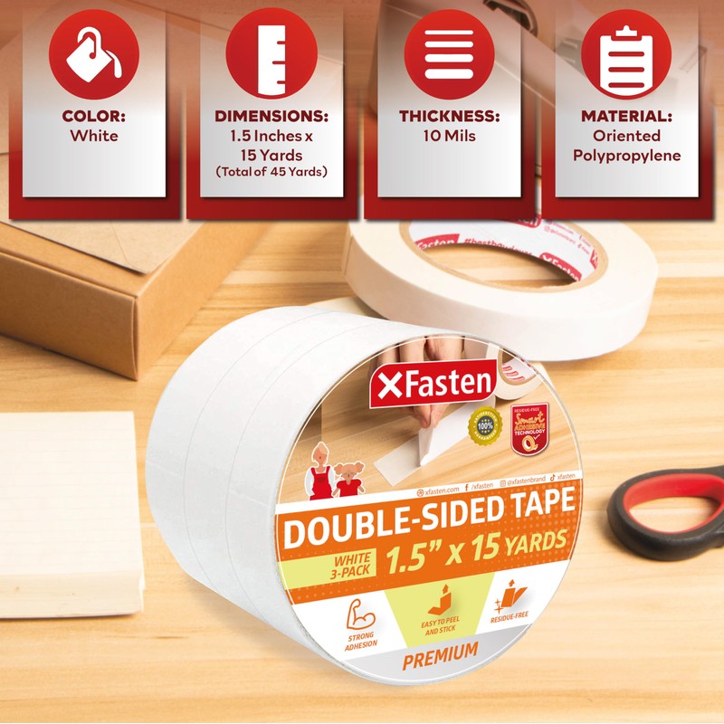 XFasten Double Sided Tape Removable, 1.5-Inch by 15-Yards (Pack of