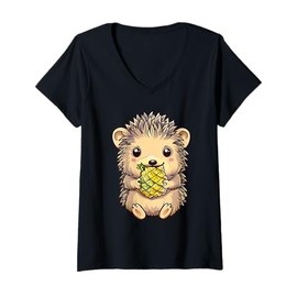 Womens Pineapple Hedgehog Pineapple Fruit Drawing Animal Art Motif V-Neck T-Shirt