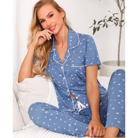 Women Pajamas Set Soft Sleepwear Pjs Short Sleeve Button Down Nightwear with Long Pants Lake Blue Star S