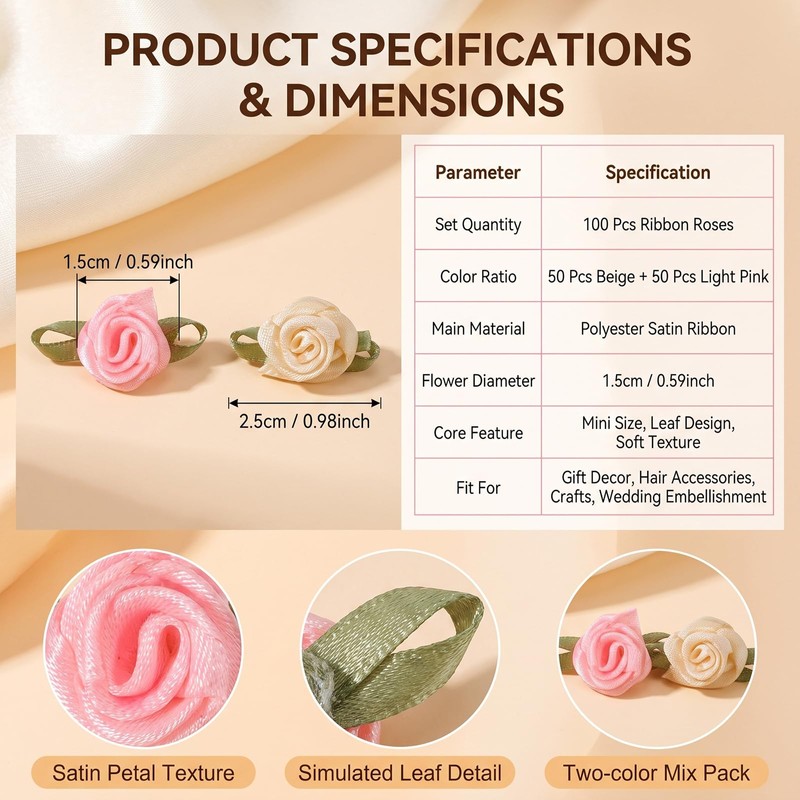 100 Pcs Mini Satin Ribbon Rose for Crafts