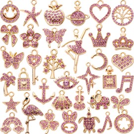Anjulery Gold-Tone Rhinestone Charms Set for DIY Jewelry Making - 36 PCS Assorted Metal Pendants for Bracelets, Necklaces, Earrings - Elegant Craft Supplies, Gift Ideas for Jewelry Lovers (Pink)