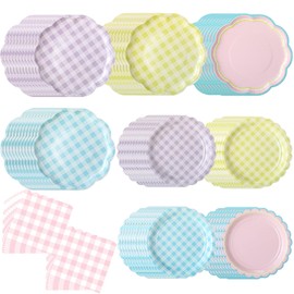 Skybooly 144 Pcs 48 Guests Pastel Gingham Party Paper Plates and Napkin Set Heavy Duty Gingham Scalloped Party Plate Napkin Disposable Pastel Supplies Decoration for Bridal Baby Shower Wedding