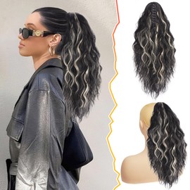 BARSDAR 18 Inch Claw Clip Highlight Ponytail Extension – Thick Soft Wavy Curly Clips in Ponytail Hairpieces for Women – Natural Looking Synthetic Claw Clip Hair Extensions – Black Mix Blonde