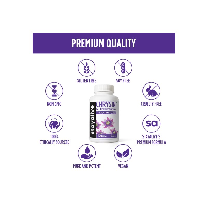 STAY ALIVE Chrysin Supplement 500mg & Passion Flower Extract Powder,