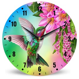 SPUNKER Clocks for Living Room,Hummingbird Wall Clock Battery Operated 10 Inch,Tropical Bird Red Flowers Round Clock Silent Non-Ticking Wall Decor for Farmhouse Office Home School Living Room Bedroom