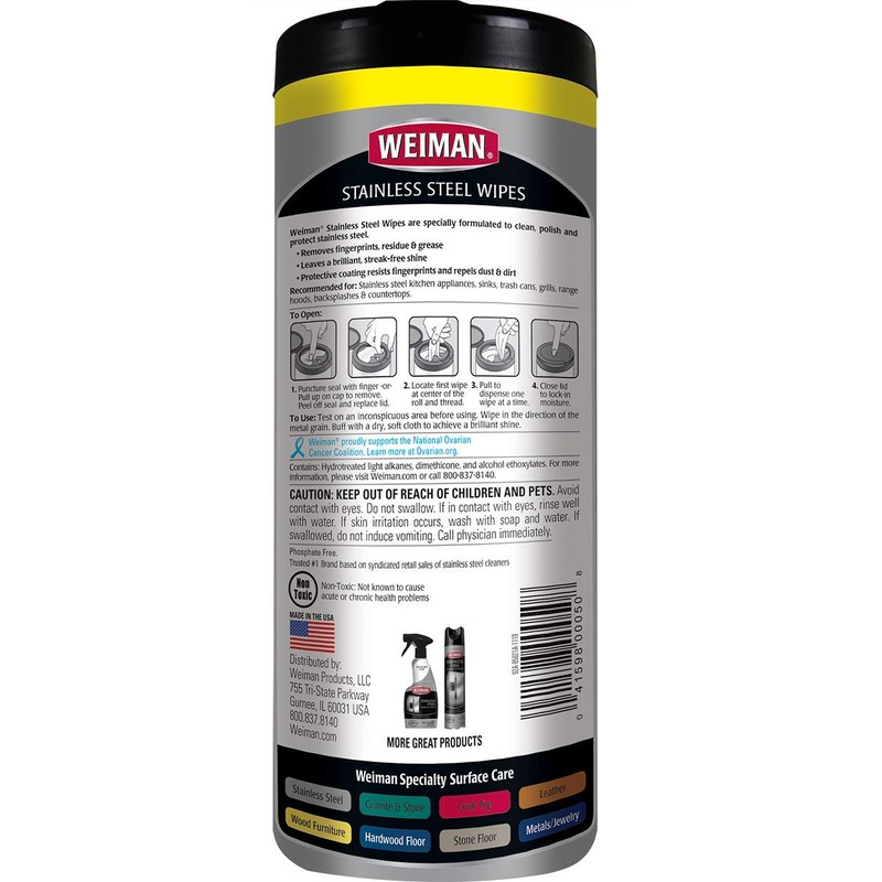 Weiman Stainless Steel Wipes - Removes Fingerprints, Residue, Water Marks